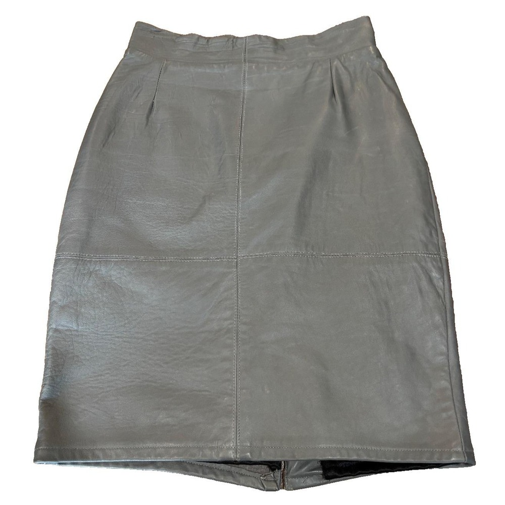Vintage 80s grey Leather Pencil Skirt High Waisted Midi Small Women 28 waist